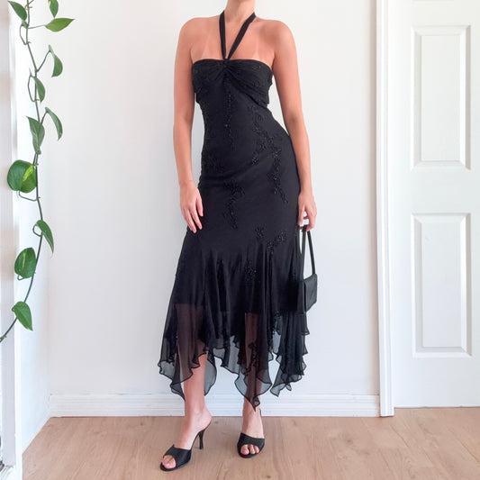 Y2K Black Silk Beaded Halter Gown / SZ M