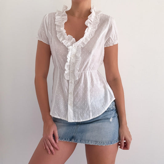 Y2K White Cotton Dot Ruffle Blouse / SZ M