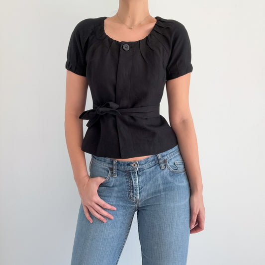 Y2K Black Linen Short Sleeve Jacket / SZ 2