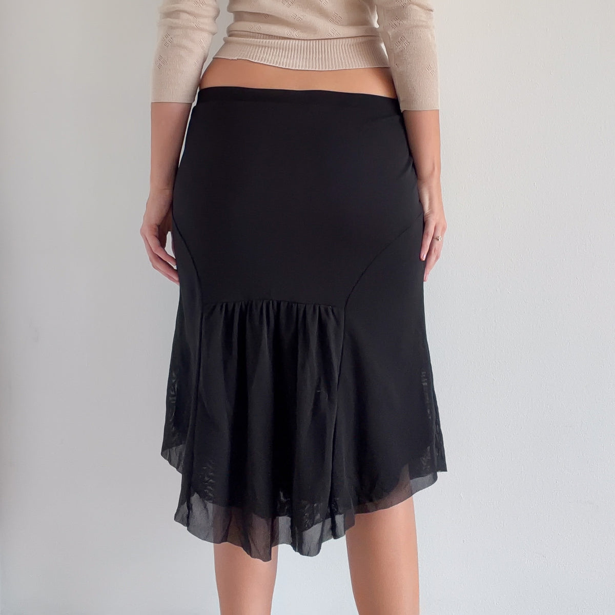 Y2K Black Mesh Ruched Midi Skirt / SZ S-M
