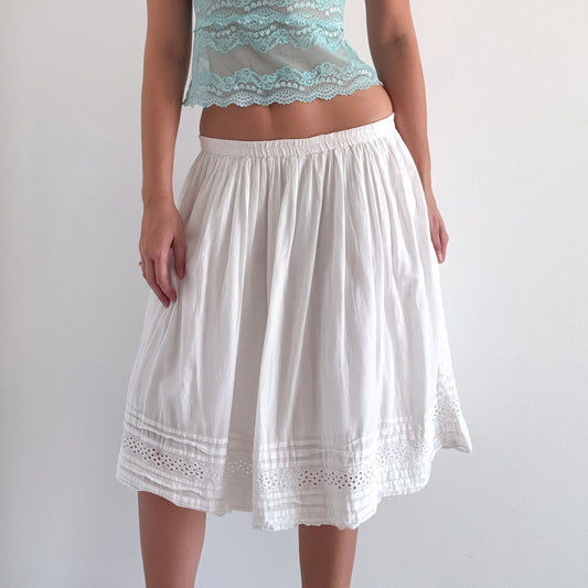 Y2K White Cotton Eyelet Midi Skirt / SZ M