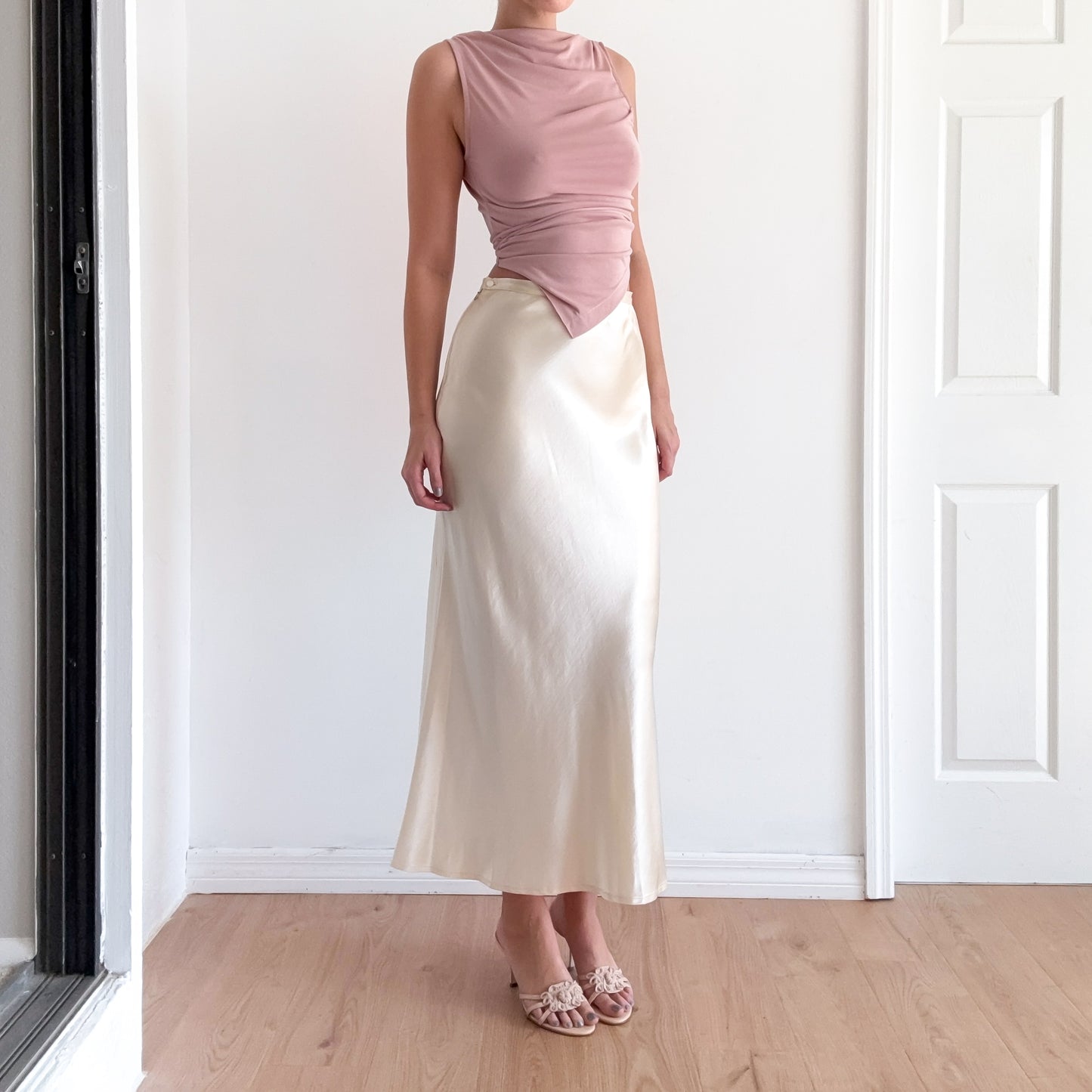 90's Bebe Champagne Silky Maxi Skirt / SZ 6