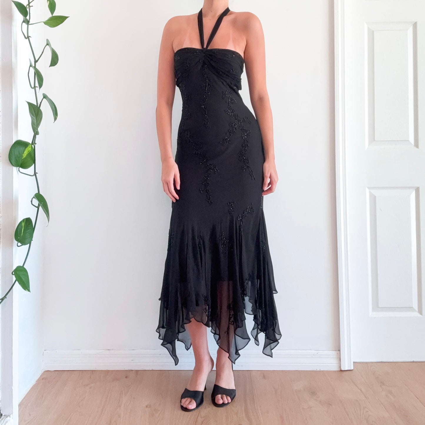 Y2K Black Silk Beaded Halter Gown / SZ M