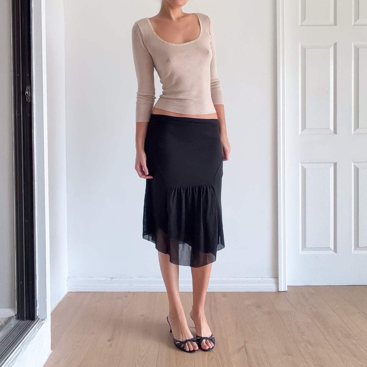 Y2K Black Mesh Ruched Midi Skirt / SZ S-M