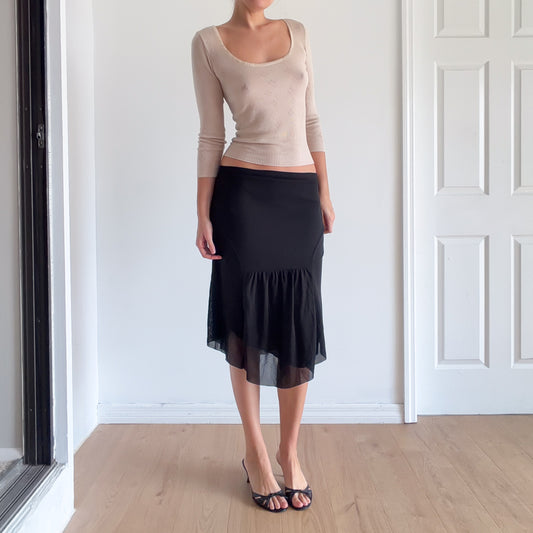 Y2K Black Mesh Ruched Midi Skirt / SZ S-M