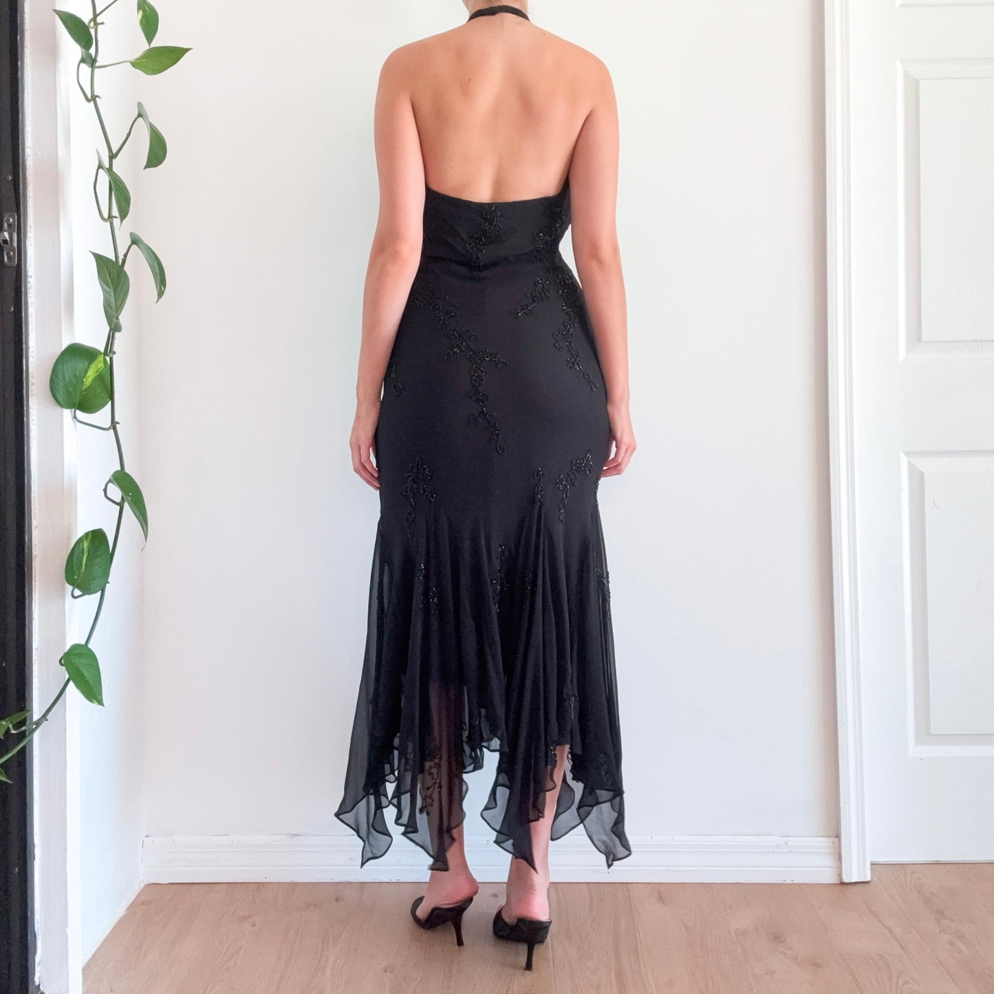 Y2K Black Silk Beaded Halter Gown / SZ M