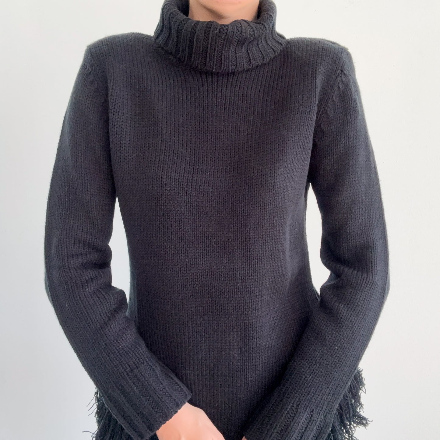 Y2K Black Knit Fringe Turtleneck Sweater / SZ S-M