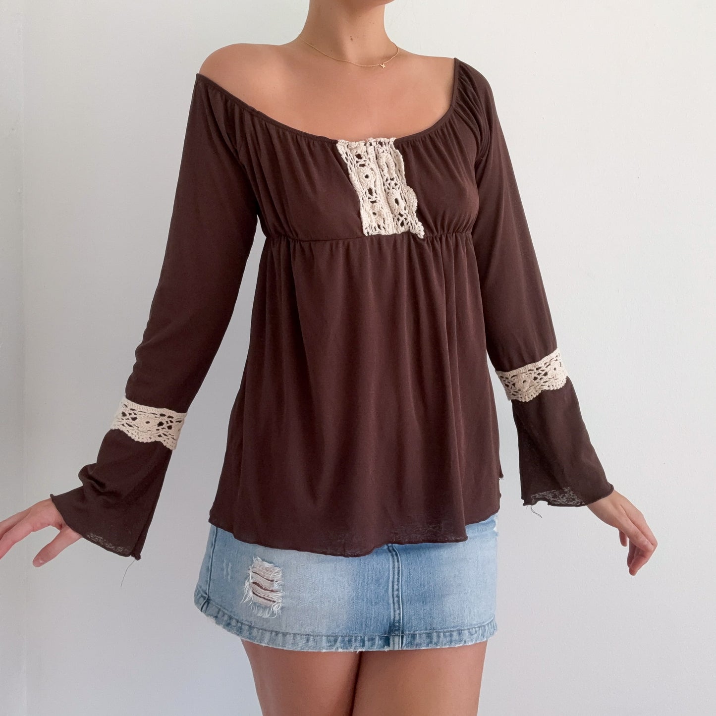 Y2K Brown Crochet Hippie Long Sleeve / SZ L