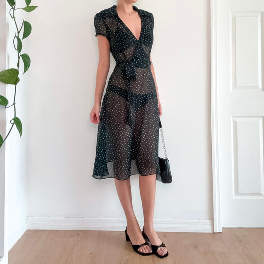 Y2K Black & Cyan Polka Dot Sheer Dress / SZ 6-10