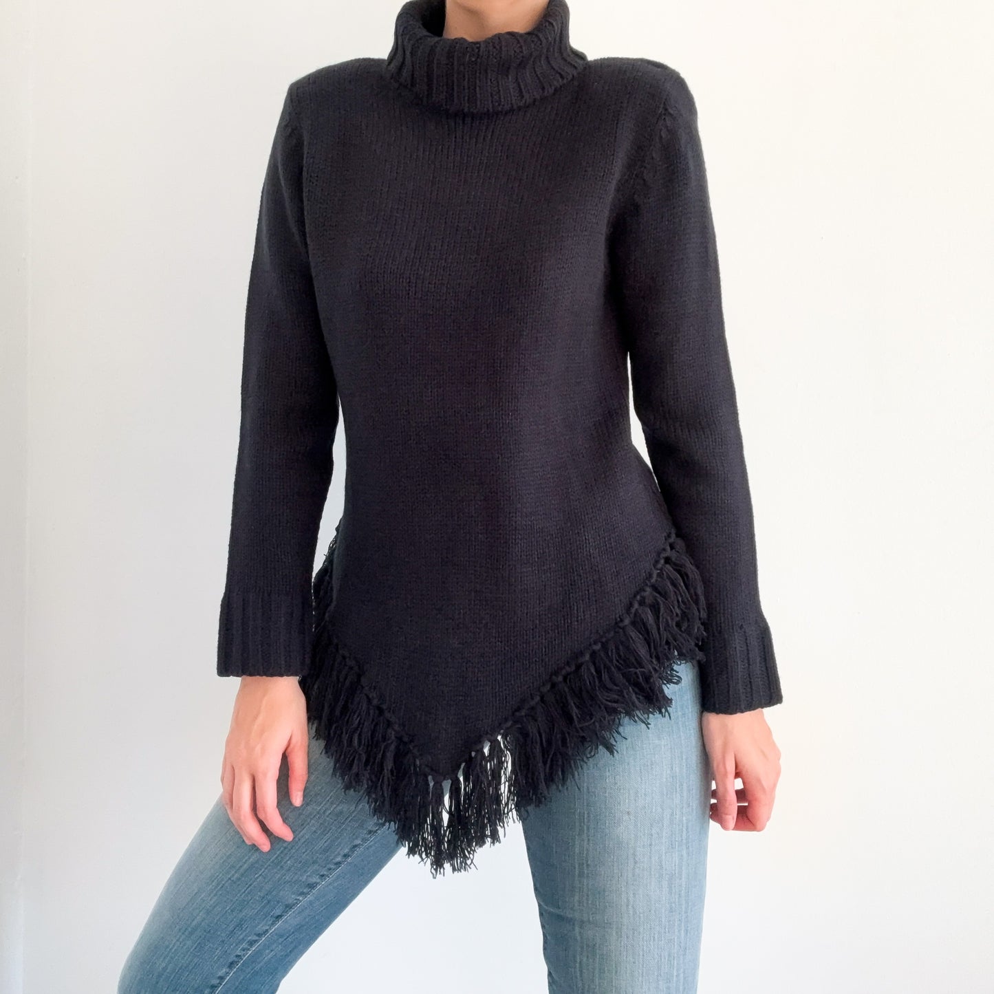 Y2K Black Knit Fringe Turtleneck Sweater / SZ S-M