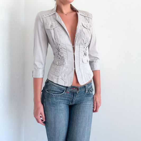 Y2K Light Grey Lace Up Hook Blazer / SZ S