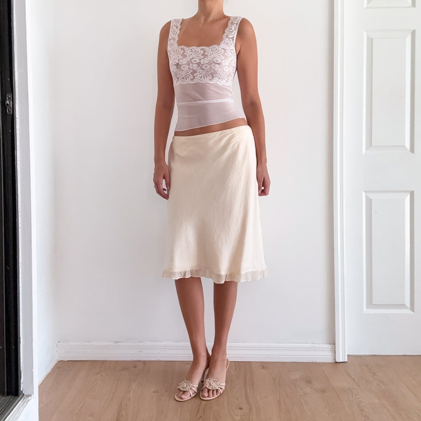 Y2K Pale Pink Silk Linen Midi Skirt / SZ 8