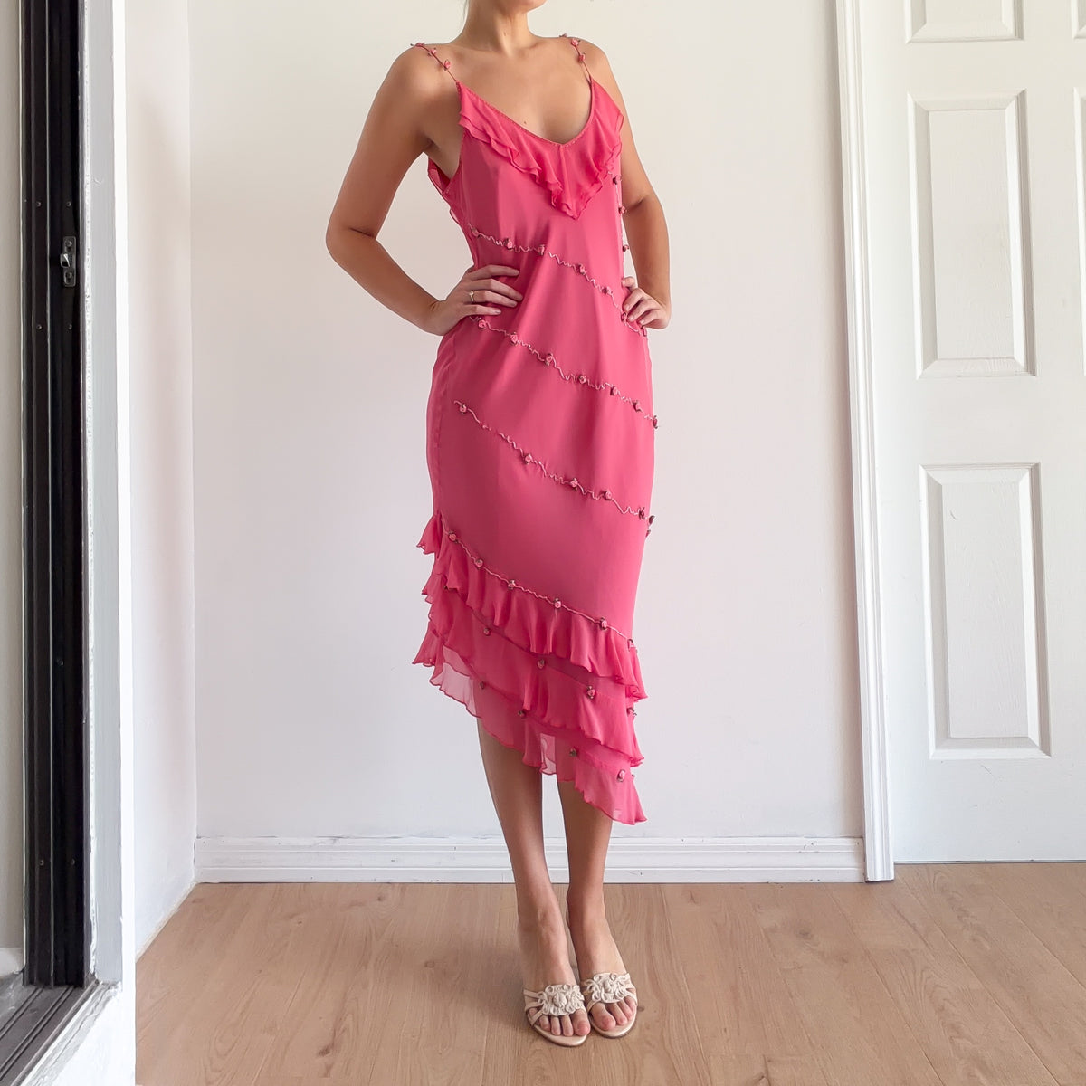 Y2K Pink Silk Rosebud Dress / SZ M-L