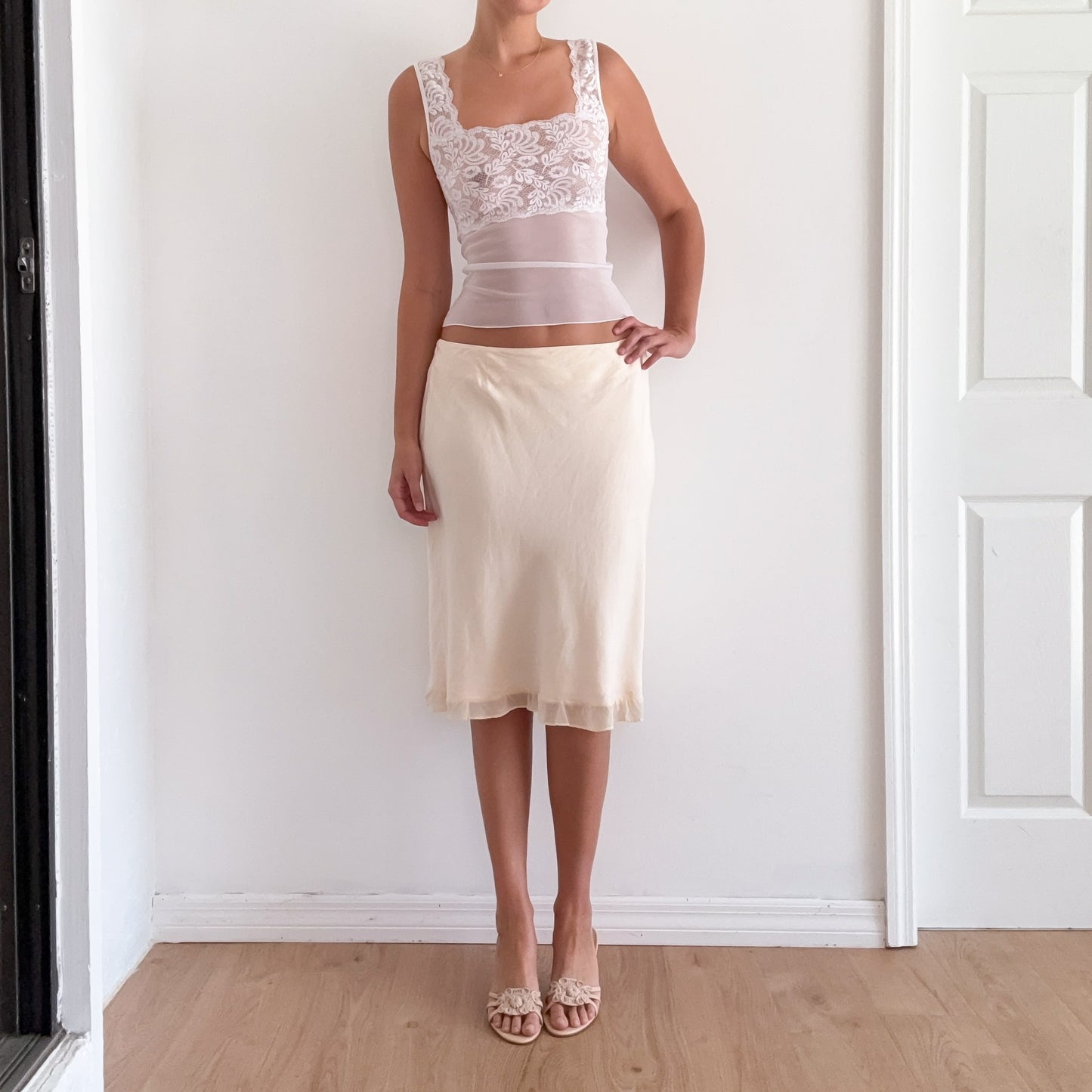 Y2K Pale Pink Silk Linen Midi Skirt / SZ 8