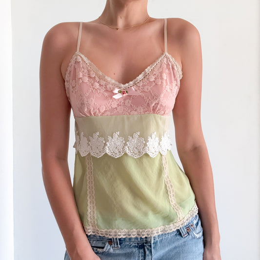 Y2K Baby Pink & Lime Lace Tank / SZ S-M