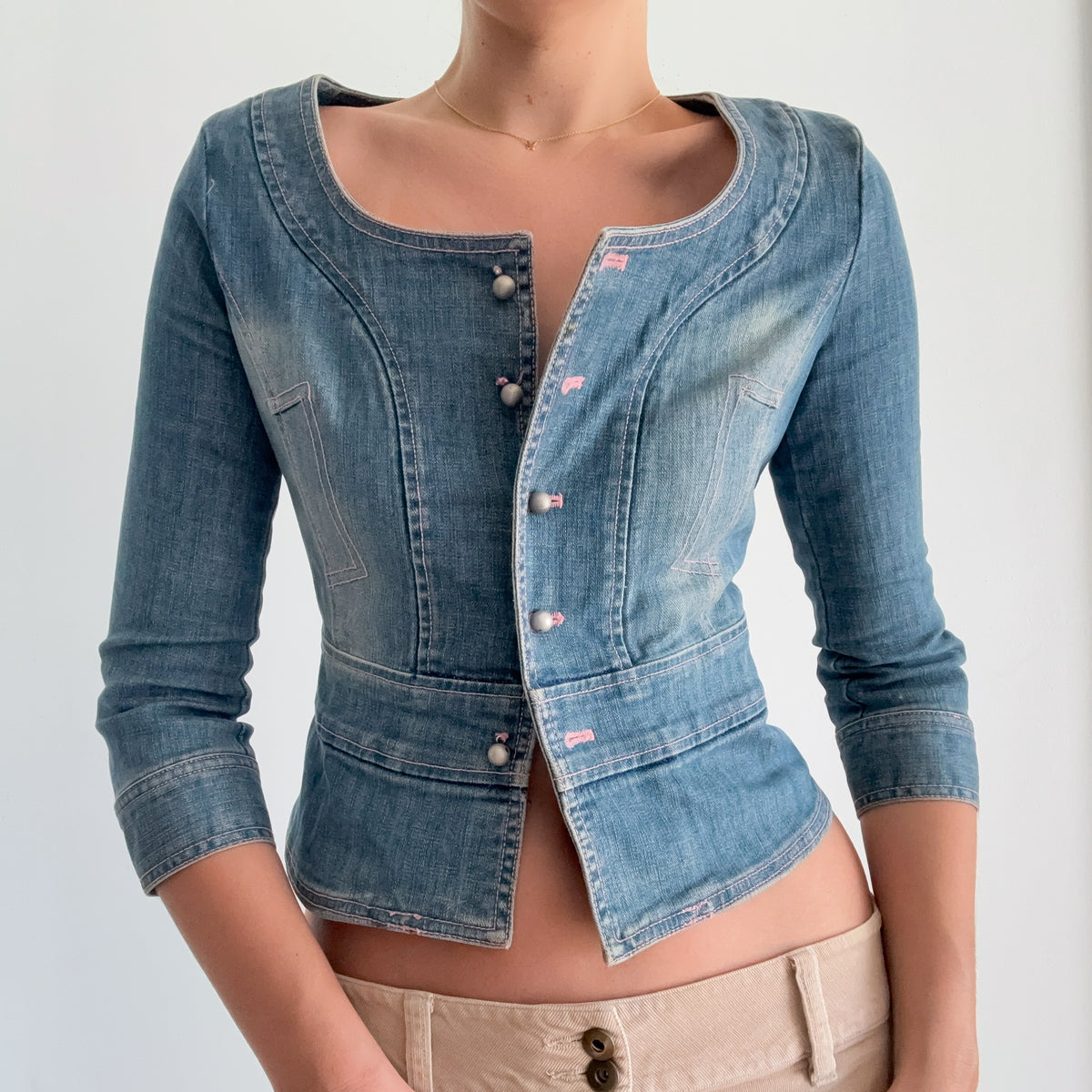 Y2K Denim Pink Stitch Jacket / SZ S