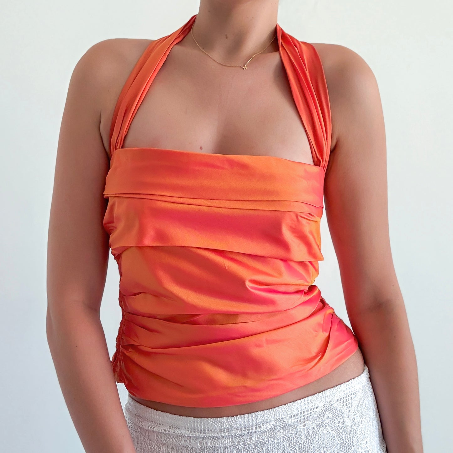 Y2K Iridescent Orange Taffeta Halter Top / SZ 8/10