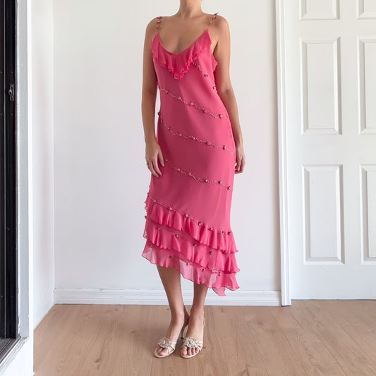 Y2K Pink Silk Rosebud Dress / SZ M-L