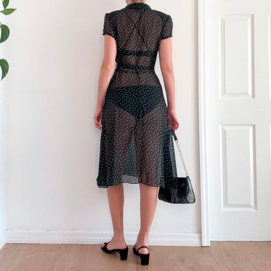 Y2K Black & Cyan Polka Dot Sheer Dress / SZ 6-10