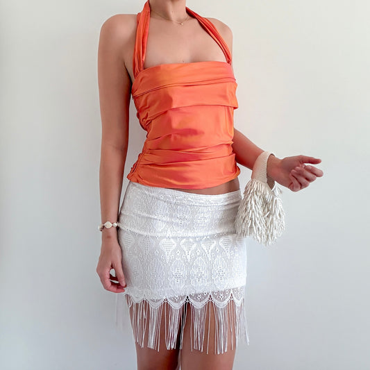 Y2K White Lace Fringe Mini Skirt / SZ XS-S