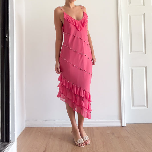 Y2K Pink Silk Rosebud Dress / SZ M-L