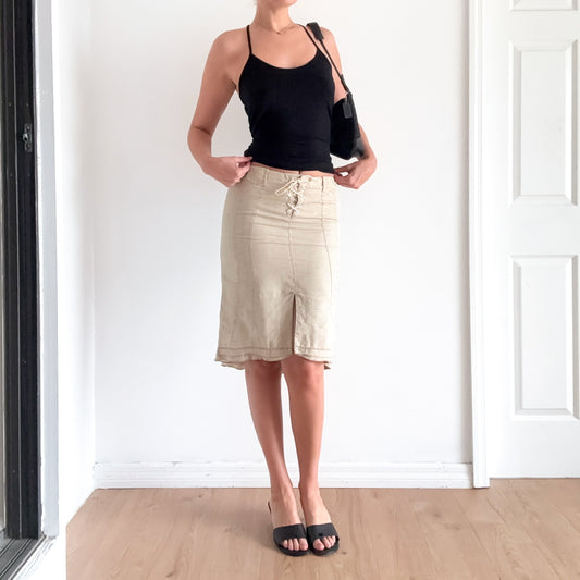 Y2K French Ecru Linen Midi Skirt / SZ 2-4