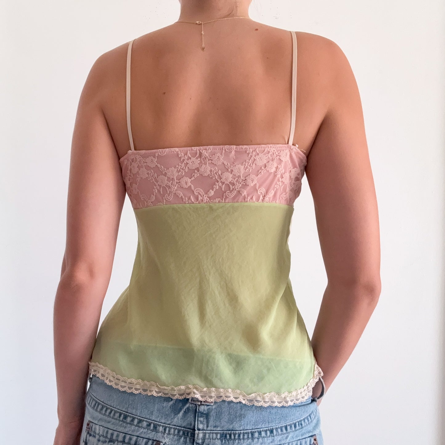Y2K Baby Pink & Lime Lace Tank / SZ S-M