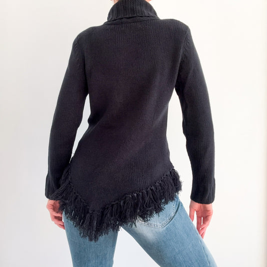 Y2K Black Knit Fringe Turtleneck Sweater / SZ S-M