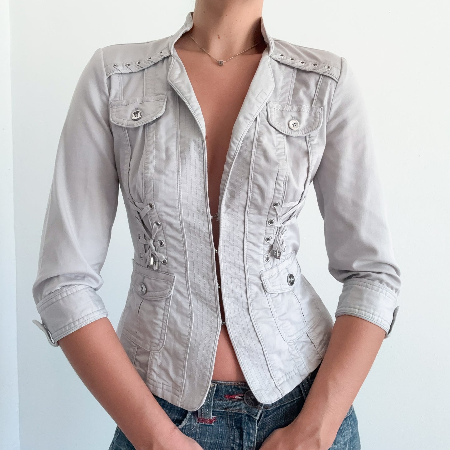 Y2K Light Grey Lace Up Hook Blazer / SZ S