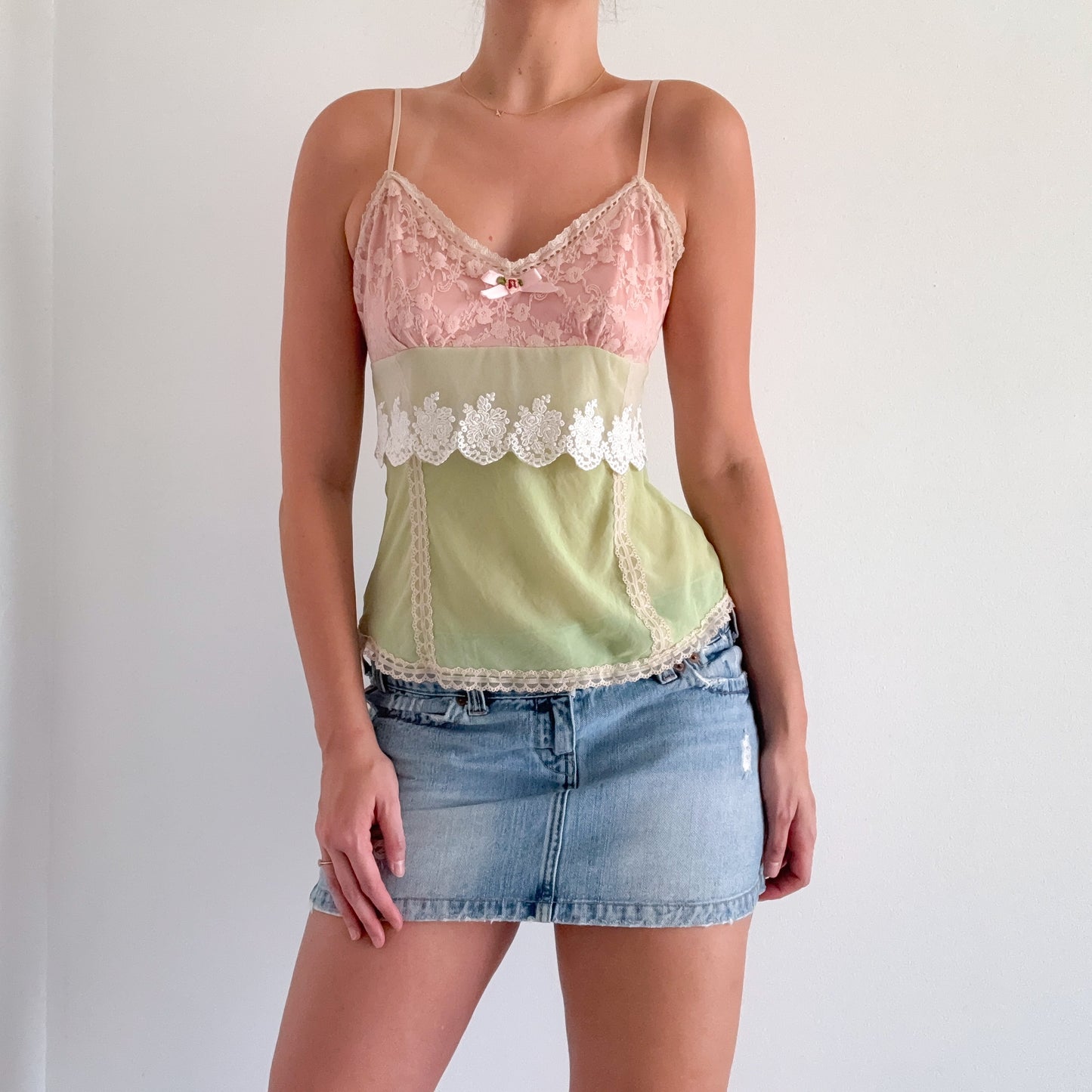 Y2K Baby Pink & Lime Lace Tank / SZ S-M
