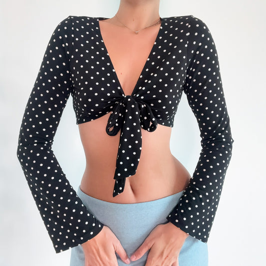 Y2K Black Polka Dot Cropped Tie Top / SZ M-L