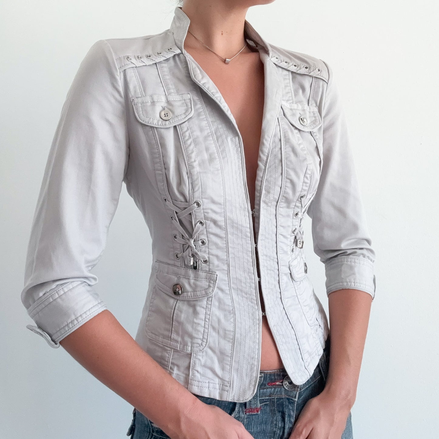 Y2K Light Grey Lace Up Hook Blazer / SZ S