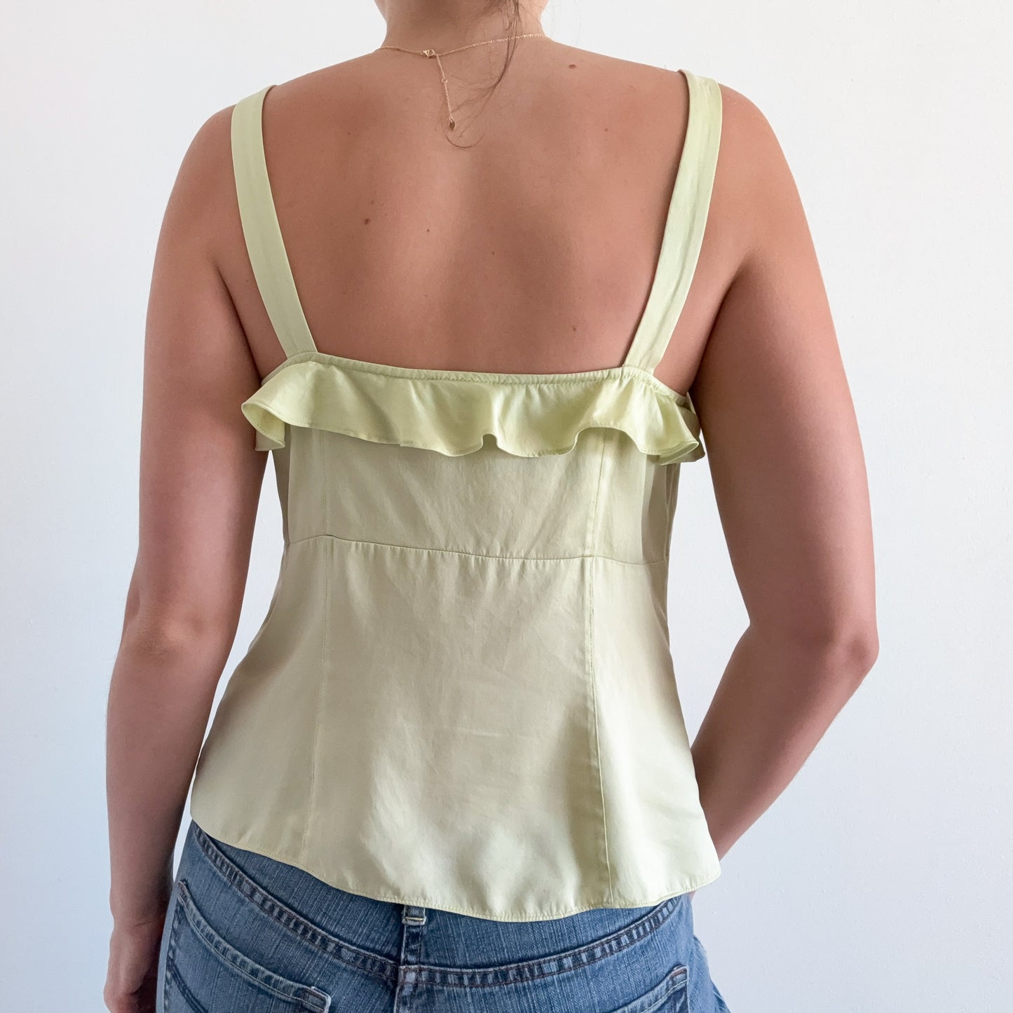 Y2K Key Lime Silk Ruffle Top / SZ M
