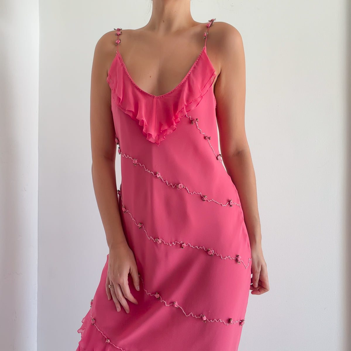 Y2K Pink Silk Rosebud Dress / SZ M-L