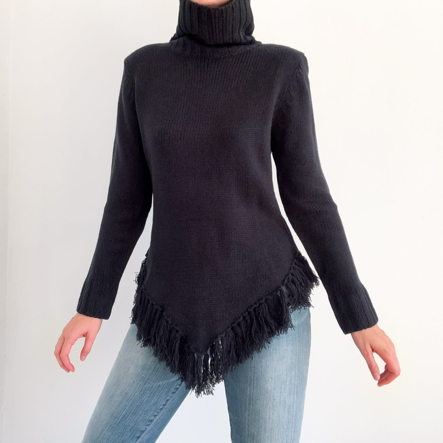 Y2K Black Knit Fringe Turtleneck Sweater / SZ S-M