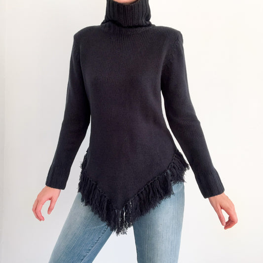 Y2K Black Knit Fringe Turtleneck Sweater / SZ S-M