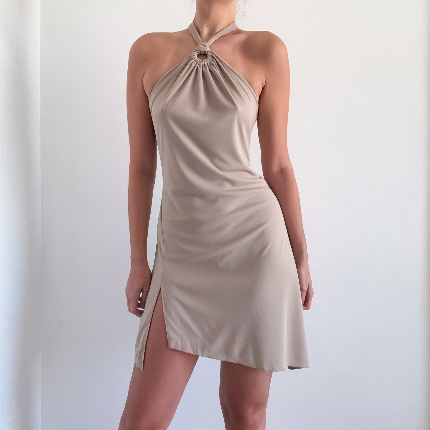 Y2K Tan Halter Asymmetric Mini Dress / SZ M