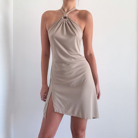 Y2K Tan Halter Asymmetric Mini Dress / SZ M