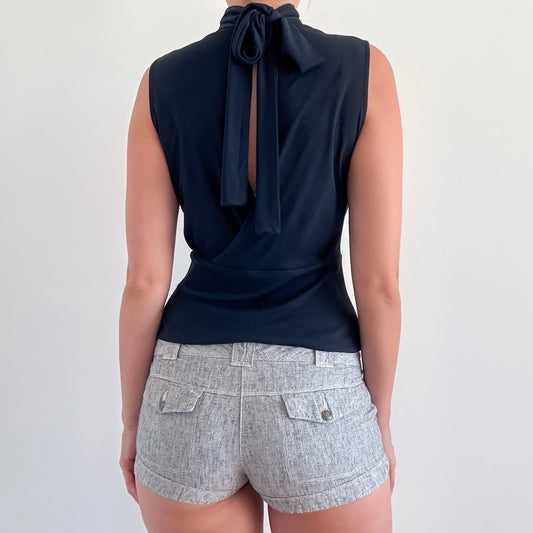 90's Navy Silk High Neck Tie Blouse / SZ S