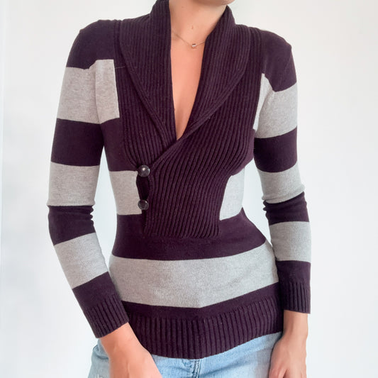 Y2K Grey & Plum Striped Knit Sweater / SZ S