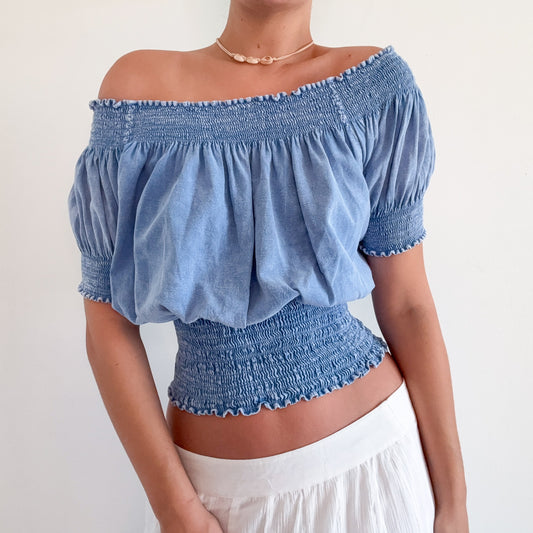 Y2K Faded Blue Smocked Slouchy Top / SZ M-L