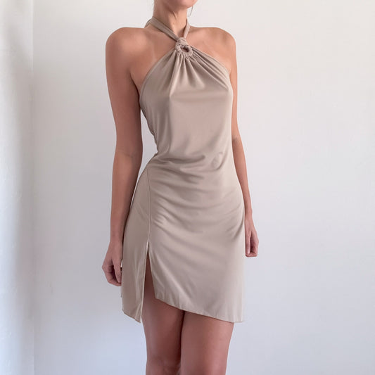 Y2K Tan Halter Asymmetric Mini Dress / SZ M