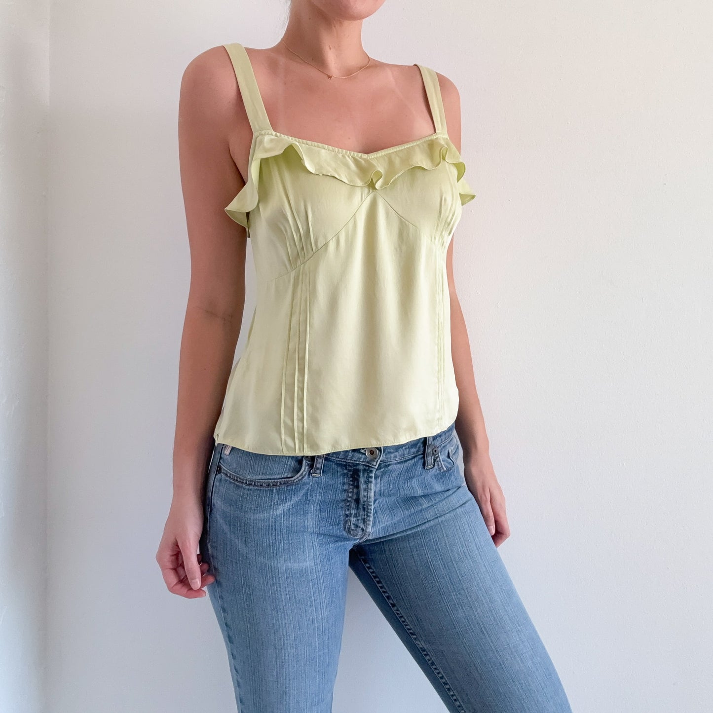 Y2K Key Lime Silk Ruffle Top / SZ M