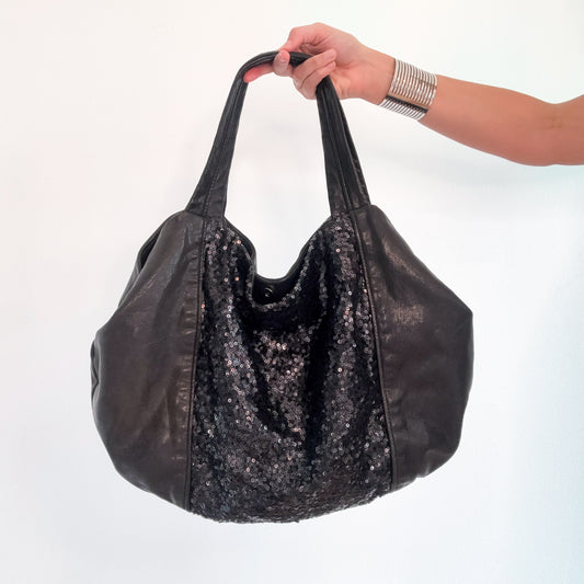 Y2K Black Leather Sequin Handbag