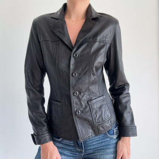90's Black Leather Blazer Jacket / SZ M