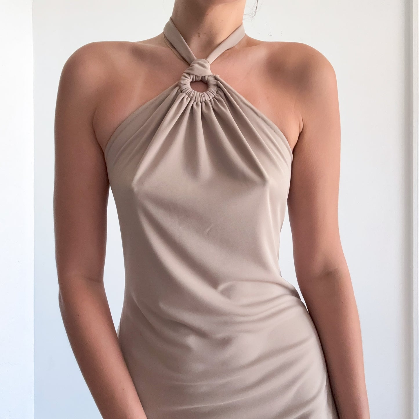 Y2K Tan Halter Asymmetric Mini Dress / SZ M