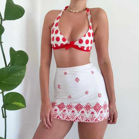 Y2K White & Red Printed Mini Skirt / SZ S