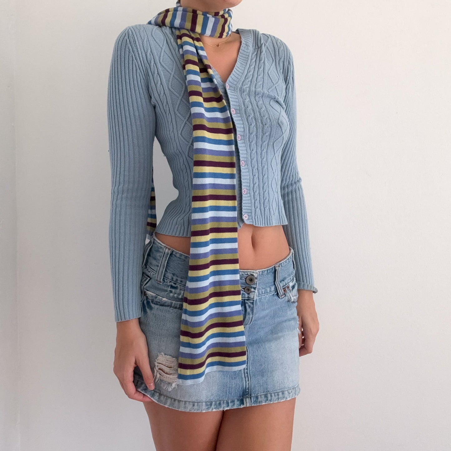 Y2K Blue & Green Striped Knit Scarf