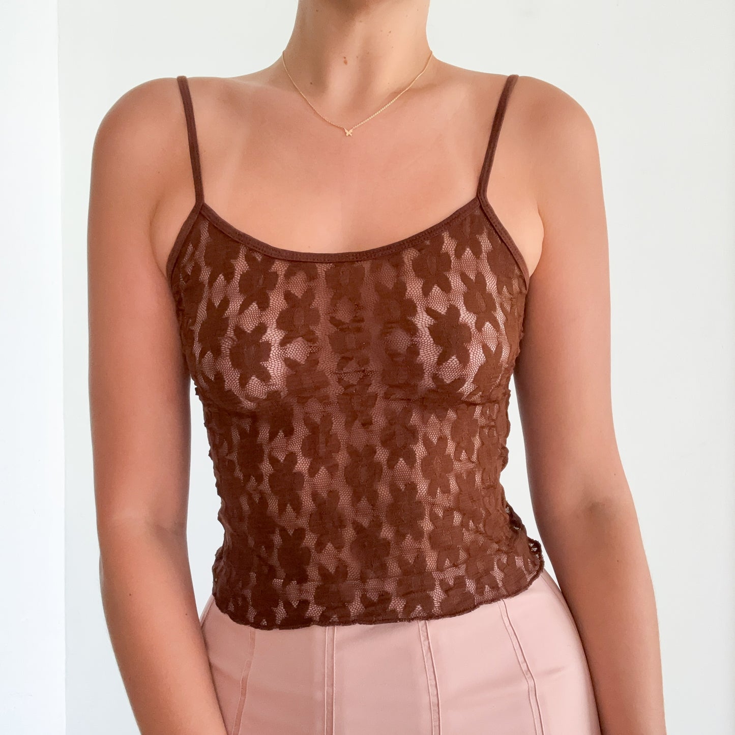 Y2K Brown Flower Mesh Tank / SZ XS-S