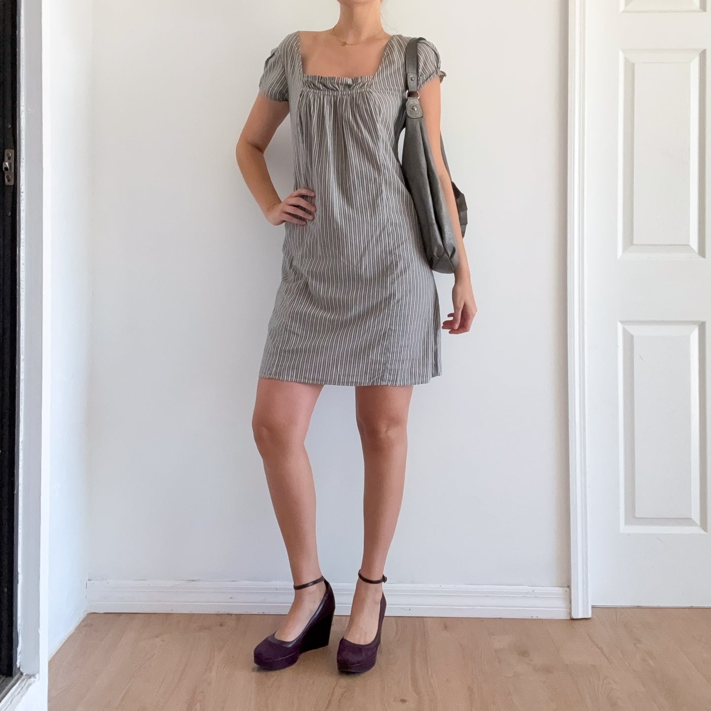 Y2K Grey Striped Cotton Babydoll Dress / SZ S/M